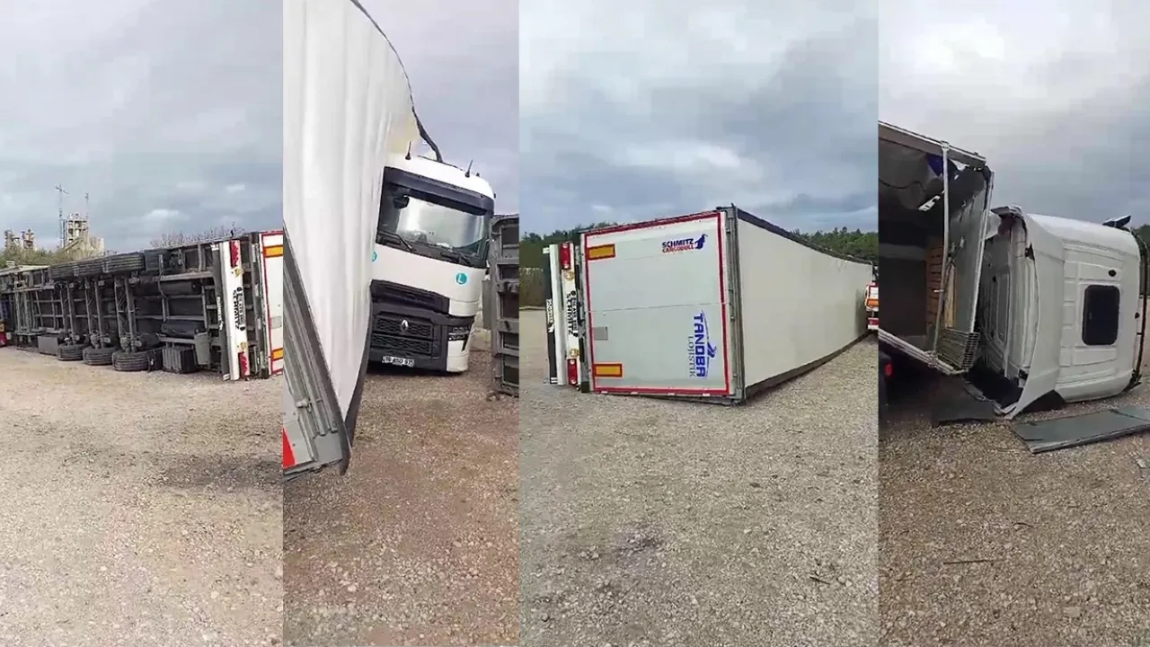 Bursa'da Fırtına Erikli Su Fabrikasındaki Tırları Devirdi